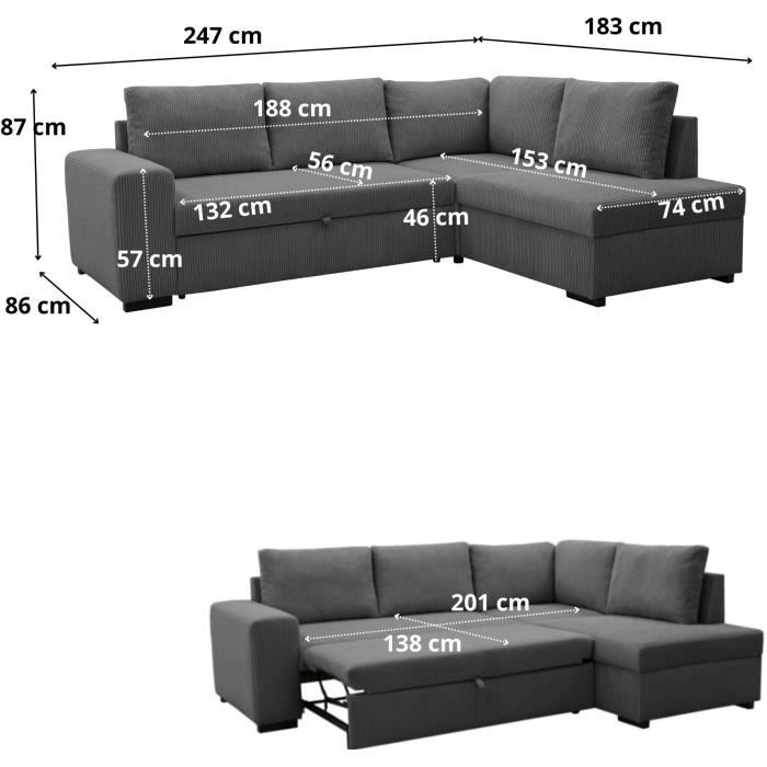 Canapé d'angle convertible réversible NIRVANA 4 a 5 places - Tissu velours côtelé anthracite - Coffre de rangement - L247 x P 183 x