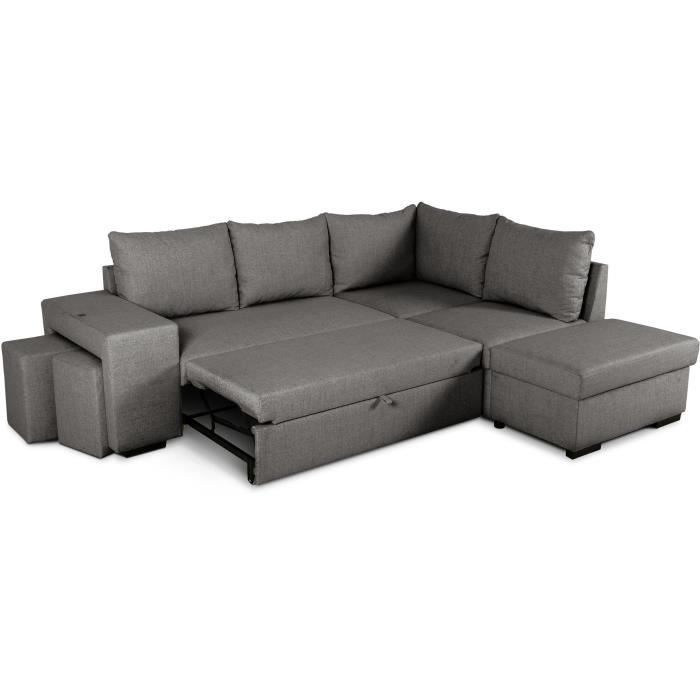 Canapé d'angle convertible réversible 4 places MITCHELL - Tissu Anthracite - L 247 x P 91 x H 205 cm - Coffre de rangement