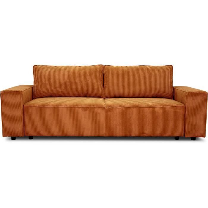 Canapé convertible 3 places JOSH - Tissu velours cotelé terracotta - L 239 x P 86 x H 85 cm - Coffre de rangement