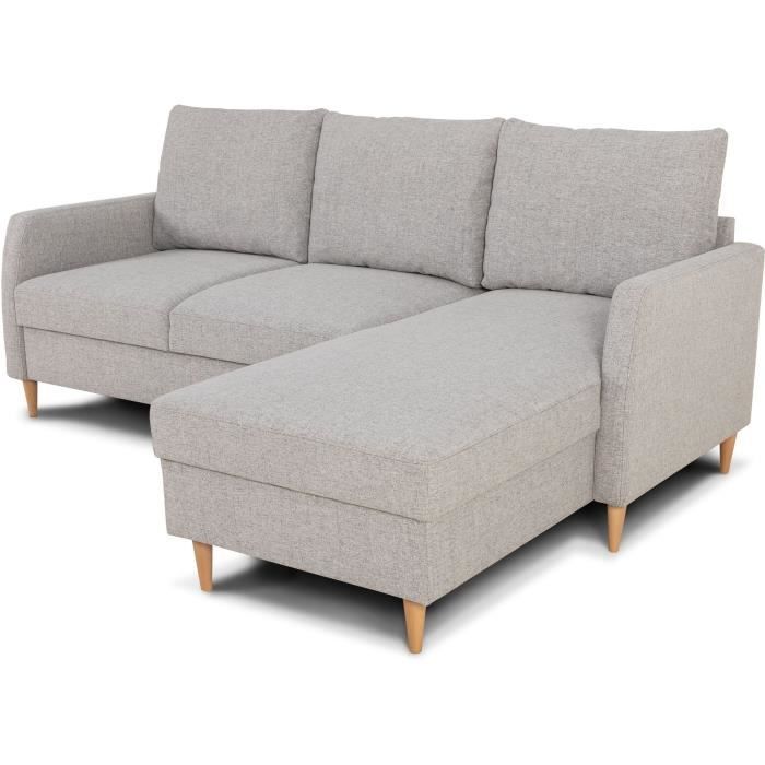 Canapé d'angle fixe 3 places CHIPY - Tissu gris souris - Réversible - L 192 x P 137 x H 82 cm - Pieds bois naturel