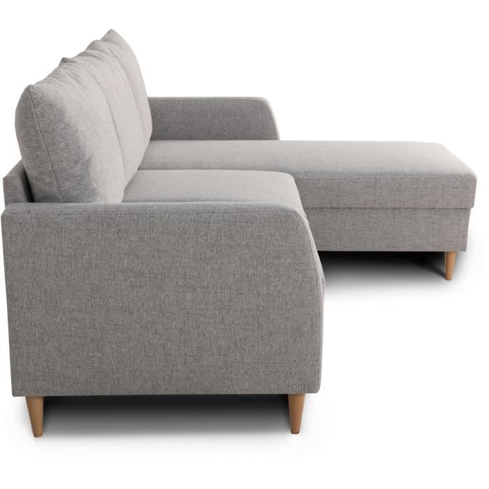 Canapé d'angle fixe 3 places CHIPY - Tissu gris souris - Réversible - L 192 x P 137 x H 82 cm - Pieds bois naturel