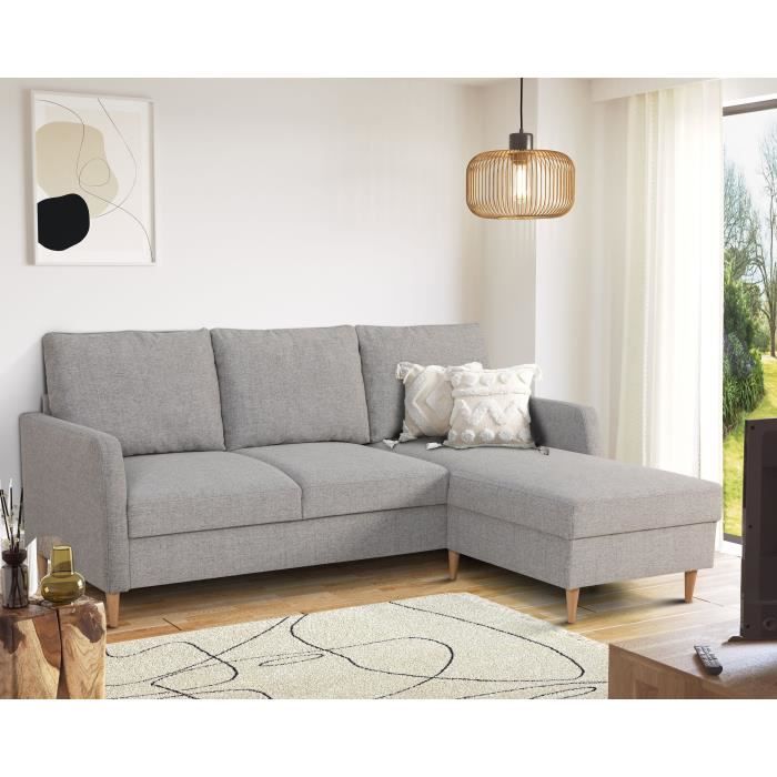 Canapé d'angle fixe 3 places CHIPY - Tissu gris souris - Réversible - L 192 x P 137 x H 82 cm - Pieds bois naturel