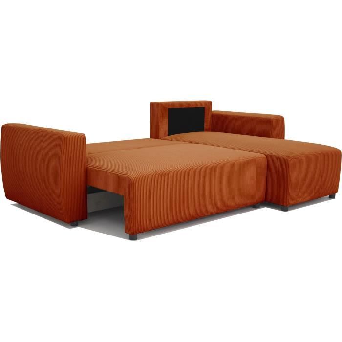 Canapé d'angle convertible 3 a 4 places PHARELL - Tissu velours cotelé terracotta - Réversible - L 224 x P 155 x H 85 cm