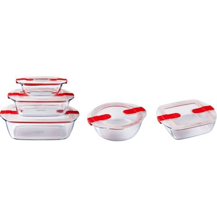 Lot de 5 Boîtes de conservation - PYREX - Cook & Heat - Verre - Couvercle a valves vapeur spécial micro-onde