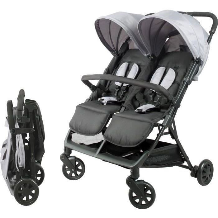 Bambisol - DS209 GRIS NOIR - Poussette Double Cote a Cote | Pour Jumeaux des la Naissance, Pliage Ultra-Compact | Noir Gris