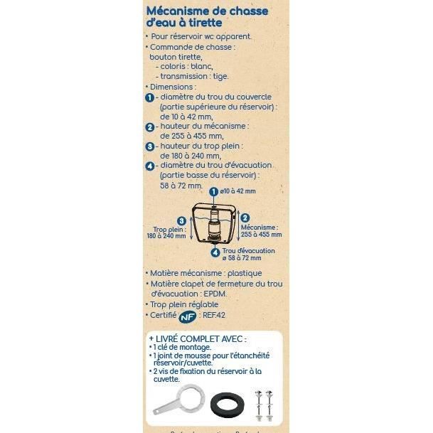 Mécanisme de chasse d'eau a tirette - ROUSSEAU - Certifié NF - Débit puissant 3,5 L/s - Réglable 255-455 mm