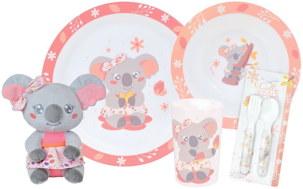 Lot vaisselle - FUN HOUSE - KOALA - Verre 220 ml, assiette creuse Ø 16 cm, assiette plate Ø 22 cm, couverts et peluche 22 cm