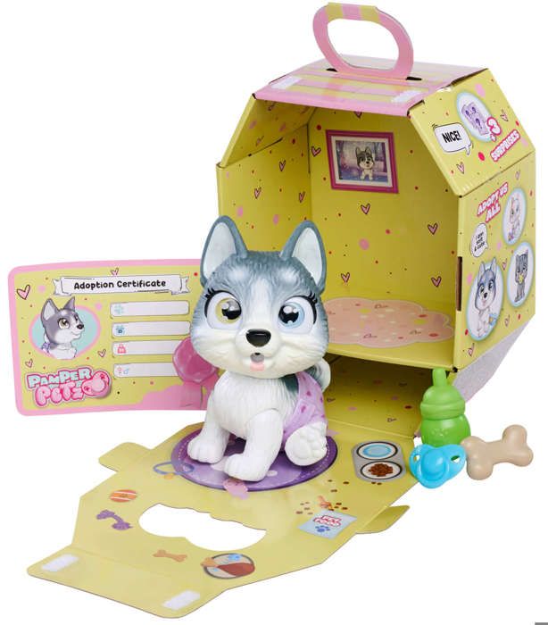 Smoby - Pamper Petz - Husky a adopter - 4 accessoires - Articulé - Bois et fais pipi - Certificat d'adoption - Des 3 ans