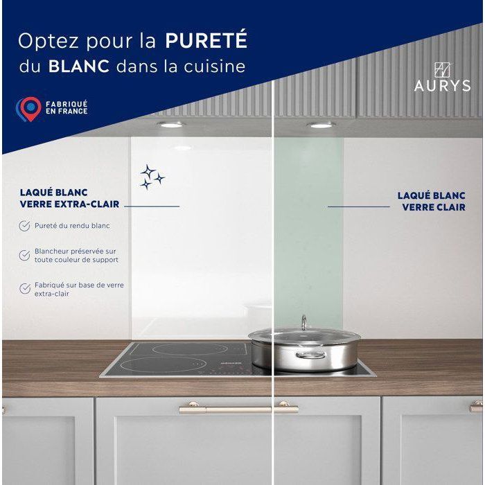 Crédence - Fond de hotte - AURYS - Verre - Extra blanc - Laqué blanc - 900*450 - 6 mm