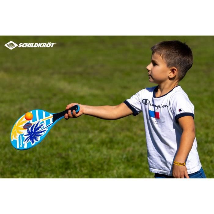 Raquettes de beachball - SCHILDKROT - Bois laqué - Poignée plastique noir - 2 balles - Sac filet refermable