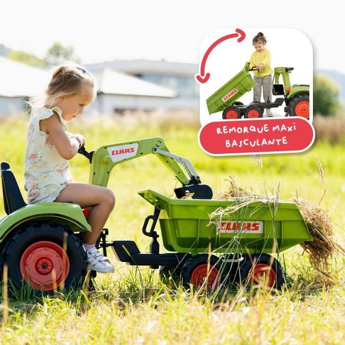 Tractopelle a pédales Claas - FALK - Volant directionnel, Selle pivotante & Excavatrice remorque - Fabriqué en France - Des 3 ans