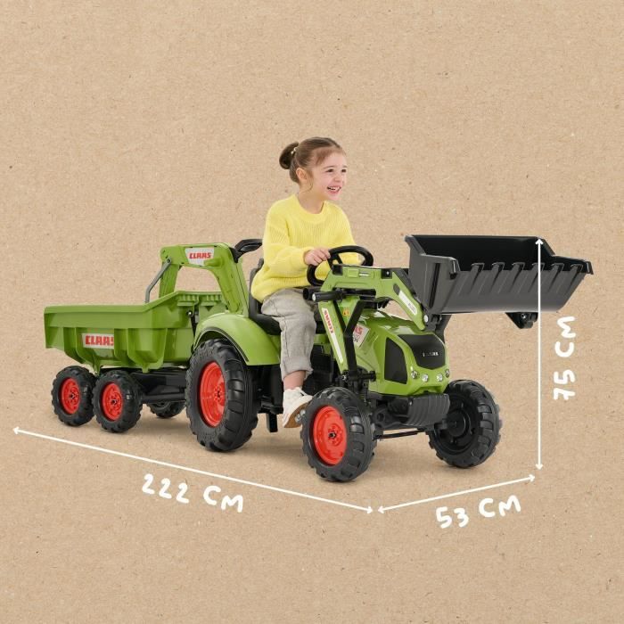Tractopelle a pédales Claas - FALK - Volant directionnel, Selle pivotante & Excavatrice remorque - Fabriqué en France - Des 3 ans