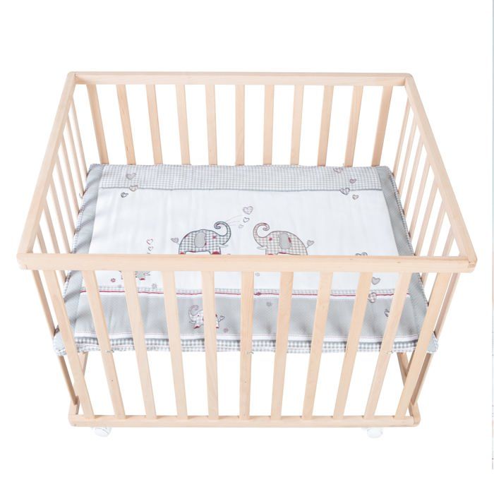 Parc BÈbÈ sur Roulettes - ROBA - Jumbotwins - RÈglable en Hauteur - Tapis de Parc Inclus - Bois Massif Naturel - Motif …lÈphant