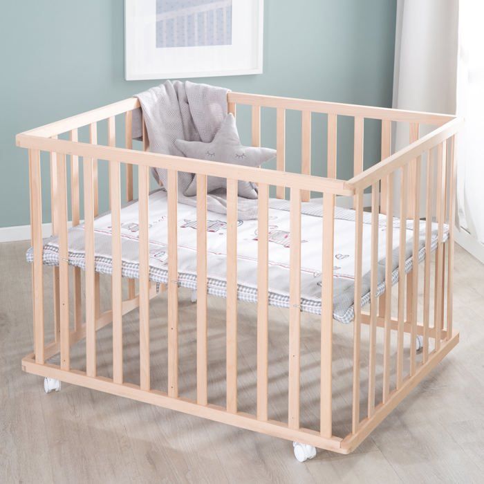 Parc BÈbÈ sur Roulettes - ROBA - Jumbotwins - RÈglable en Hauteur - Tapis de Parc Inclus - Bois Massif Naturel - Motif …lÈphant