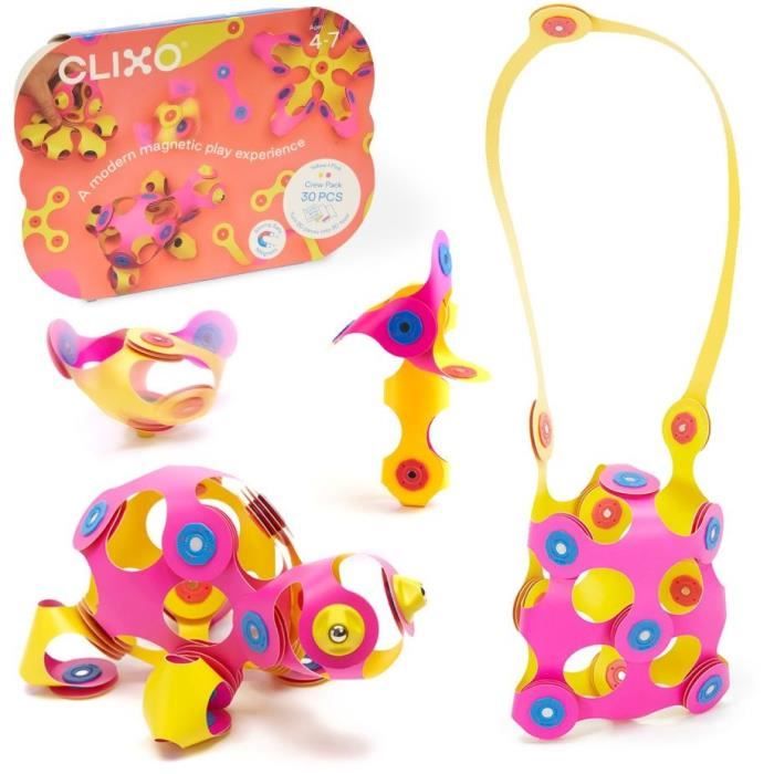 Crew Pack CLIXO - Rose/Jaune - GIPSY TOYS - Jeu de Construction magnétique, Flexible, Durable et imaginatif - 30 pieces - Des 4 ans