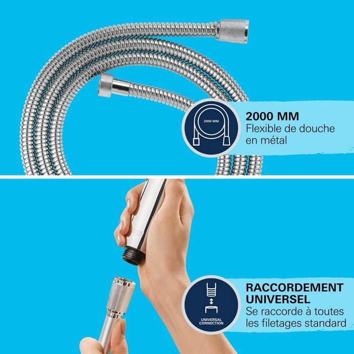 Flexible de douche - GROHE - VitalioFlex Metal - 2 m - Chromé - Résistant aux pliures