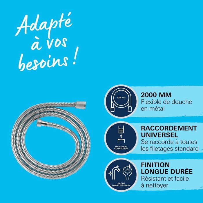 Flexible de douche - GROHE - VitalioFlex Metal - 2 m - Chromé - Résistant aux pliures