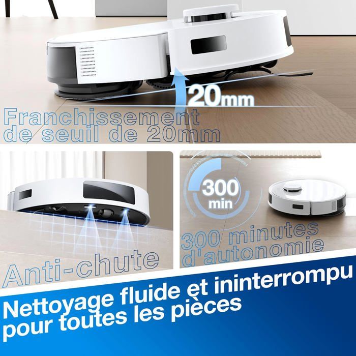 Aspirateur Robot Laveur ECOVACS DEEBOT N20 PLUS, Technologie PureCyclone avec conteneur a poussiere sans consommable, 8000Pa
