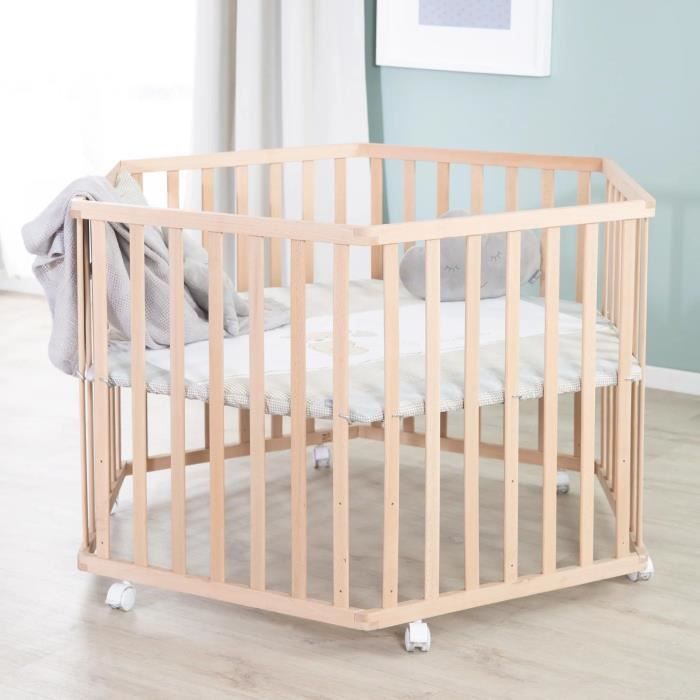 Parc bébé hegaxonal - ROBA - LIEBHABEAR - Réglable en hauteur - Fond Déhoussable - 6 Roues freinées - Bois Naturel - Motif Ourson