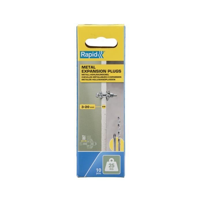 Chevilles a Expansion - RAPID - Métal pour Cloison Plâtre 3-20mm - Lot 10 - Charge Max 25 kg - (5001548)