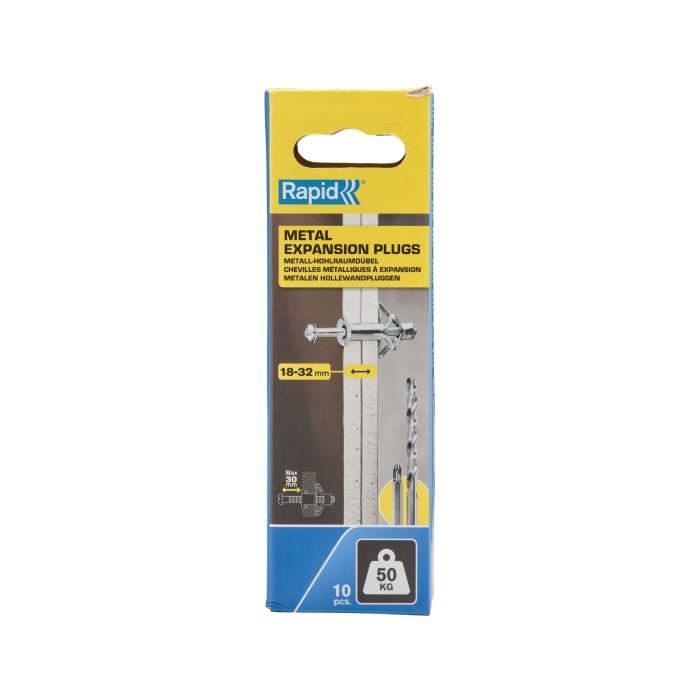 Chevilles a Expansion - RAPID - Métal pour Cloison Plâtre 18-32mm - Lot 10 - Charge Max 50 kg - (5001554)