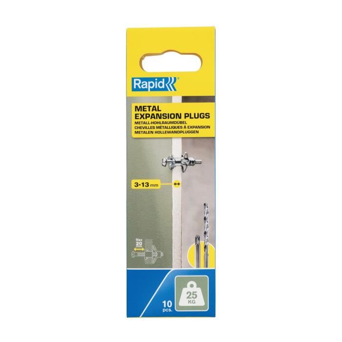 Chevilles a Expansion - RAPID - Métal pour Cloison Plâtre 3-13mm - Lot 10 - Charge Max 25 kg - (5001546)