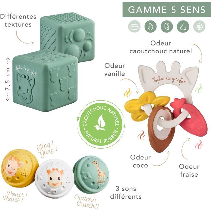Coffret d'éveil - SOPHIE LA GIRAFE - Sensoriel - Cube textures - Anneau senteurs - Balles musicales