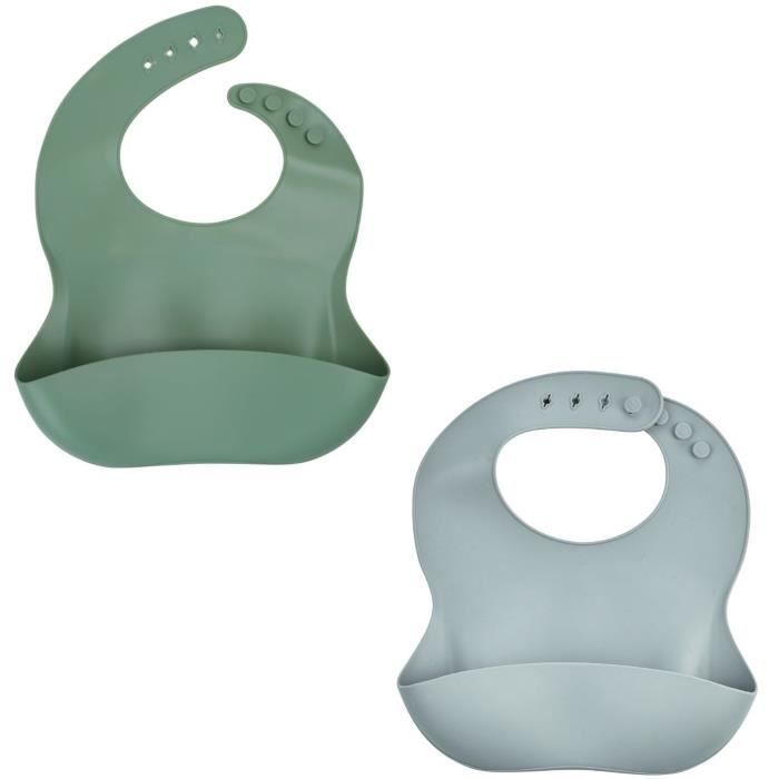 Lot de 2 bavoirs - THERMOBABY - Silicone - Vert Cactus et Gris - Etanches et réglables