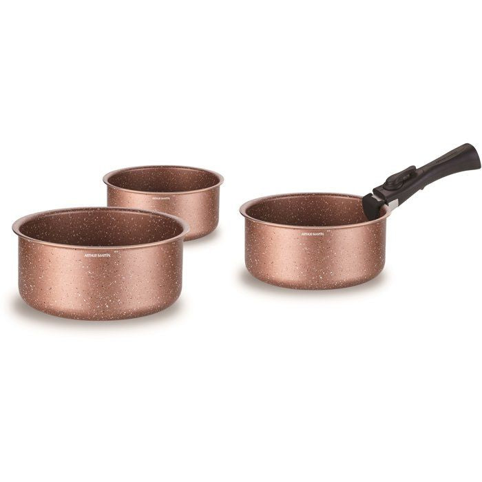 Set de 3 casseroles - Tous feux dont induction - ARTHUR MARTIN - AM2366 - Ř 16,18 et 20 cm + 1 poignée amovible - Terracotta