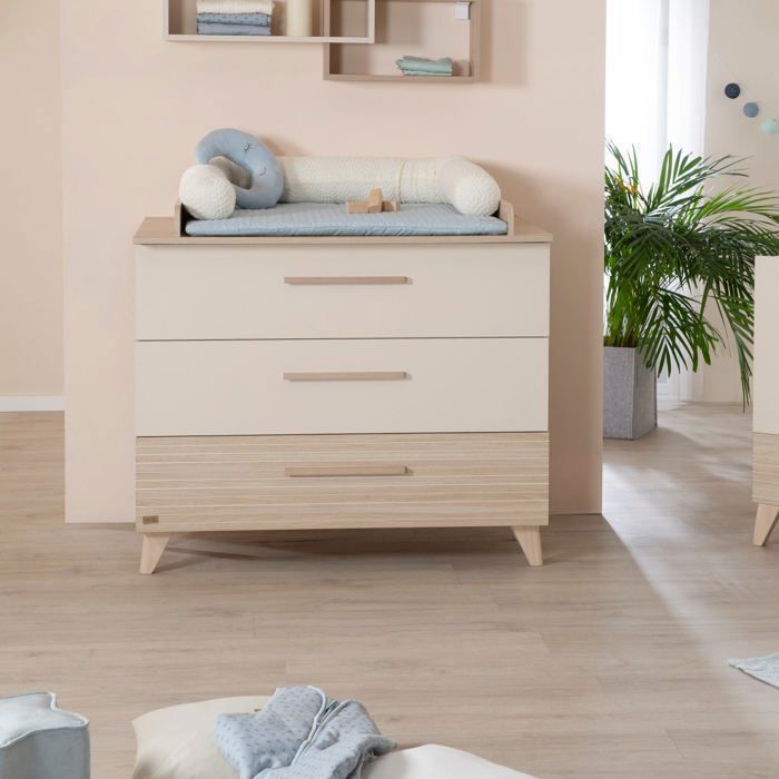 Chambre bébé duo : Lit évolutif 70 x 140 cm + Commode a langer - SIDNEY - ROBA - Chene / Beige