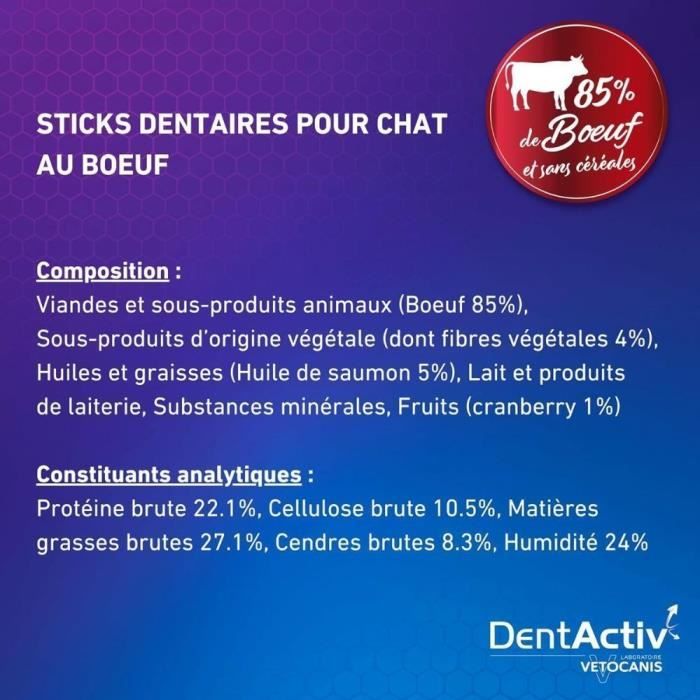DentActiv - 10 Bâtonnets - VETOCANIS - Hygiene Bucco-Dentaire au Boeuf pour Chat