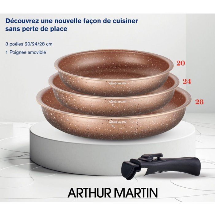 Set de 3 poeles - Tous feux dont induction - ARTHUR MARTIN - AM9811 - Ř 20, 24 et 28 cm + 1 poignée amovible - Terracotta