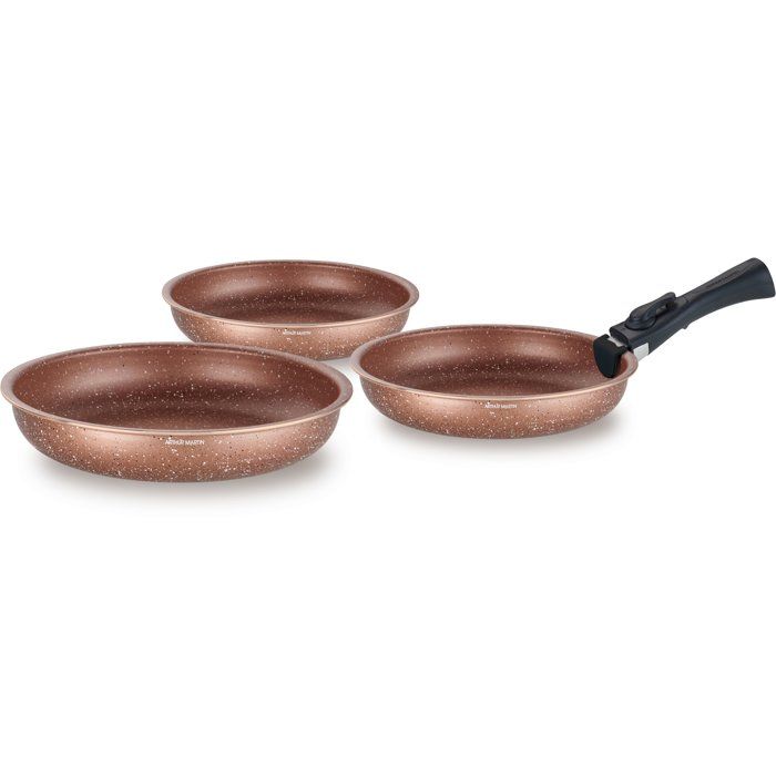 Set de 3 poeles - Tous feux dont induction - ARTHUR MARTIN - AM9811 - Ř 20, 24 et 28 cm + 1 poignée amovible - Terracotta
