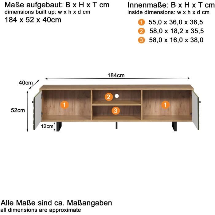 Meuble TV - SENTRA - 2 portes, 2 niches - Vert foncé - 184 x 40 x 52 cm - TRENDTEAM
