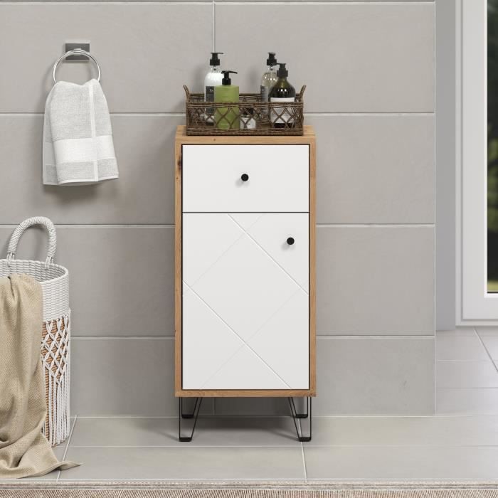 Meuble de salle de bain - Touch - Armoire - Blanc mat - Chene décor - Contemporain