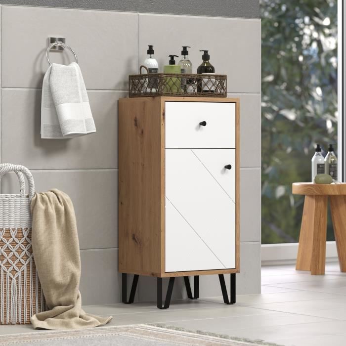 Meuble de salle de bain - Touch - Armoire - Blanc mat - Chene décor - Contemporain