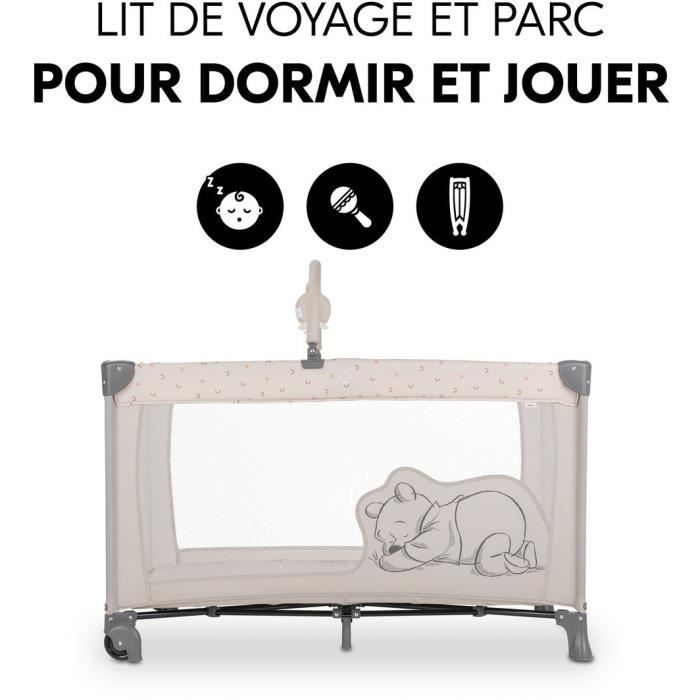 Lit de voyage - HAUCK - DREAM N PLAY GO - 60 x 120 cm - Arche peluches - Pliable - Roulettes - Winnie l'ourson arc-en-ciel beige