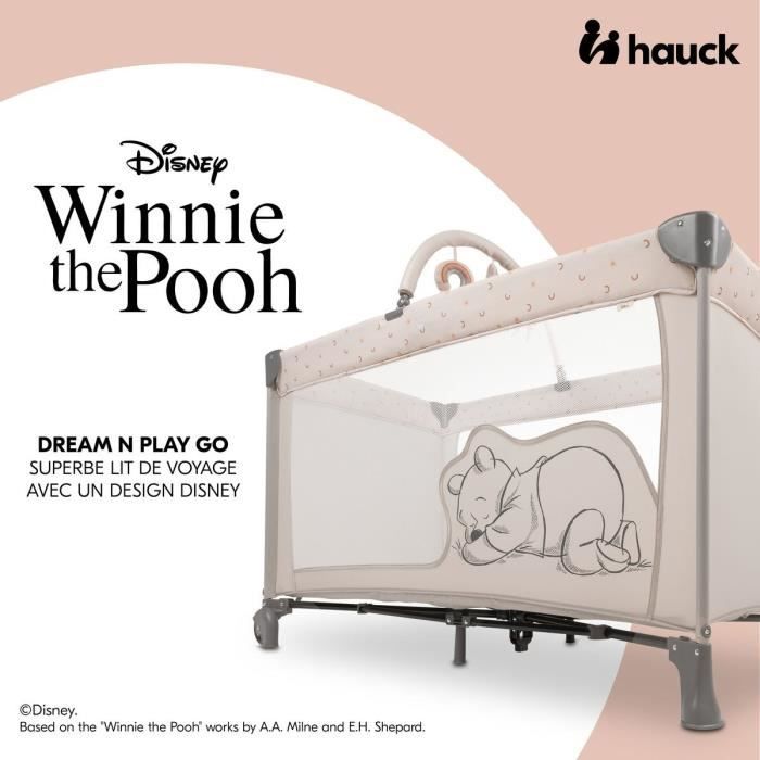 Lit de voyage - HAUCK - DREAM N PLAY GO - 60 x 120 cm - Arche peluches - Pliable - Roulettes - Winnie l'ourson arc-en-ciel beige