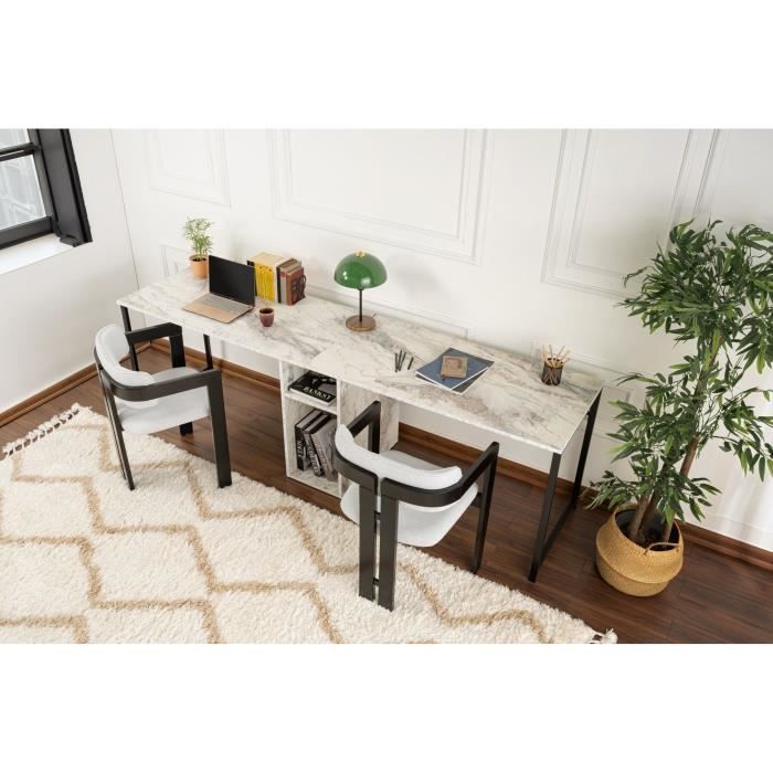 Bureau d'étude moderne avec étageres - TWIN - Freesia / Marbre - 240 x 74 x 60 cm