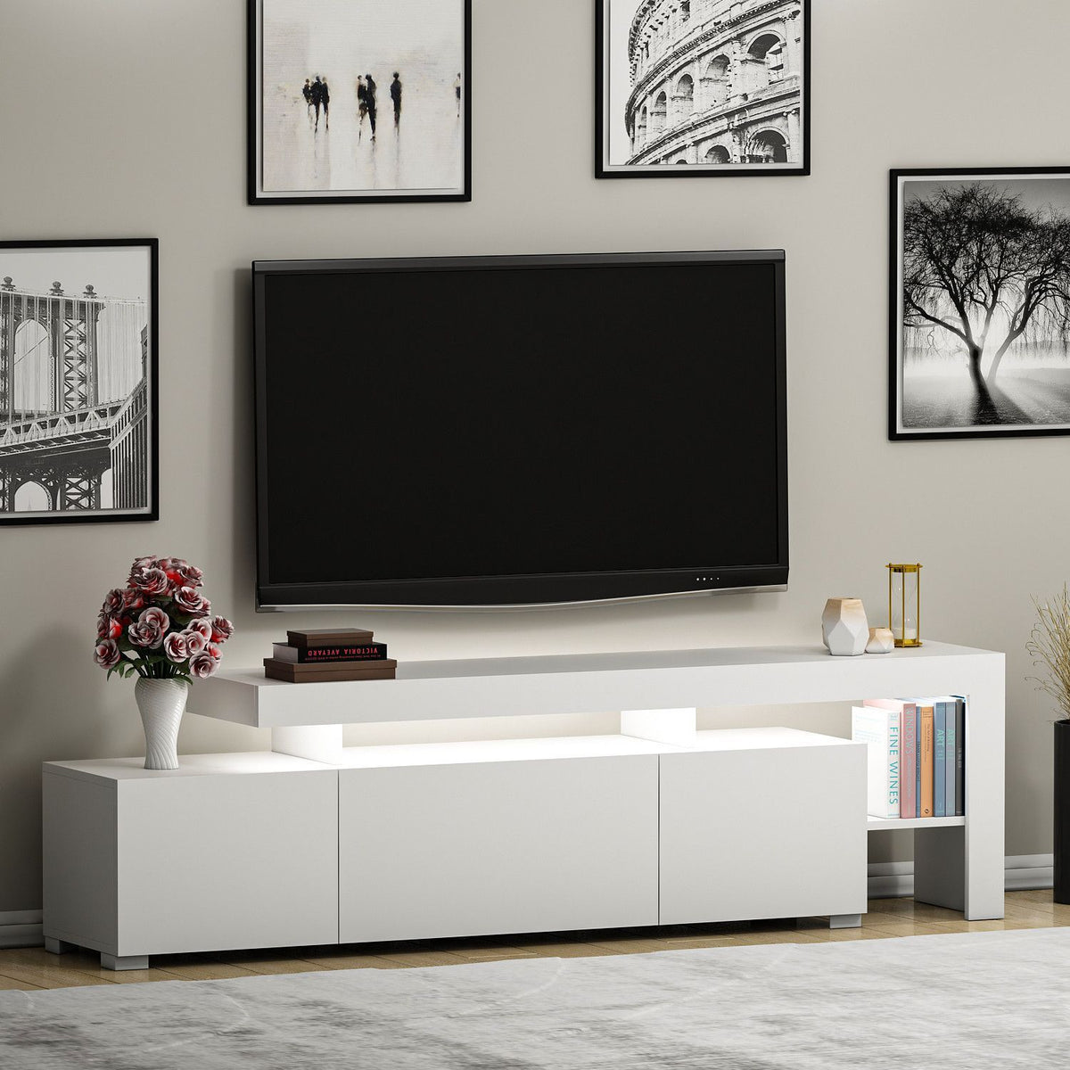 Meuble TV avec éclairage LED - BELIZ - Blanc - 192 x 53 x 37 cm