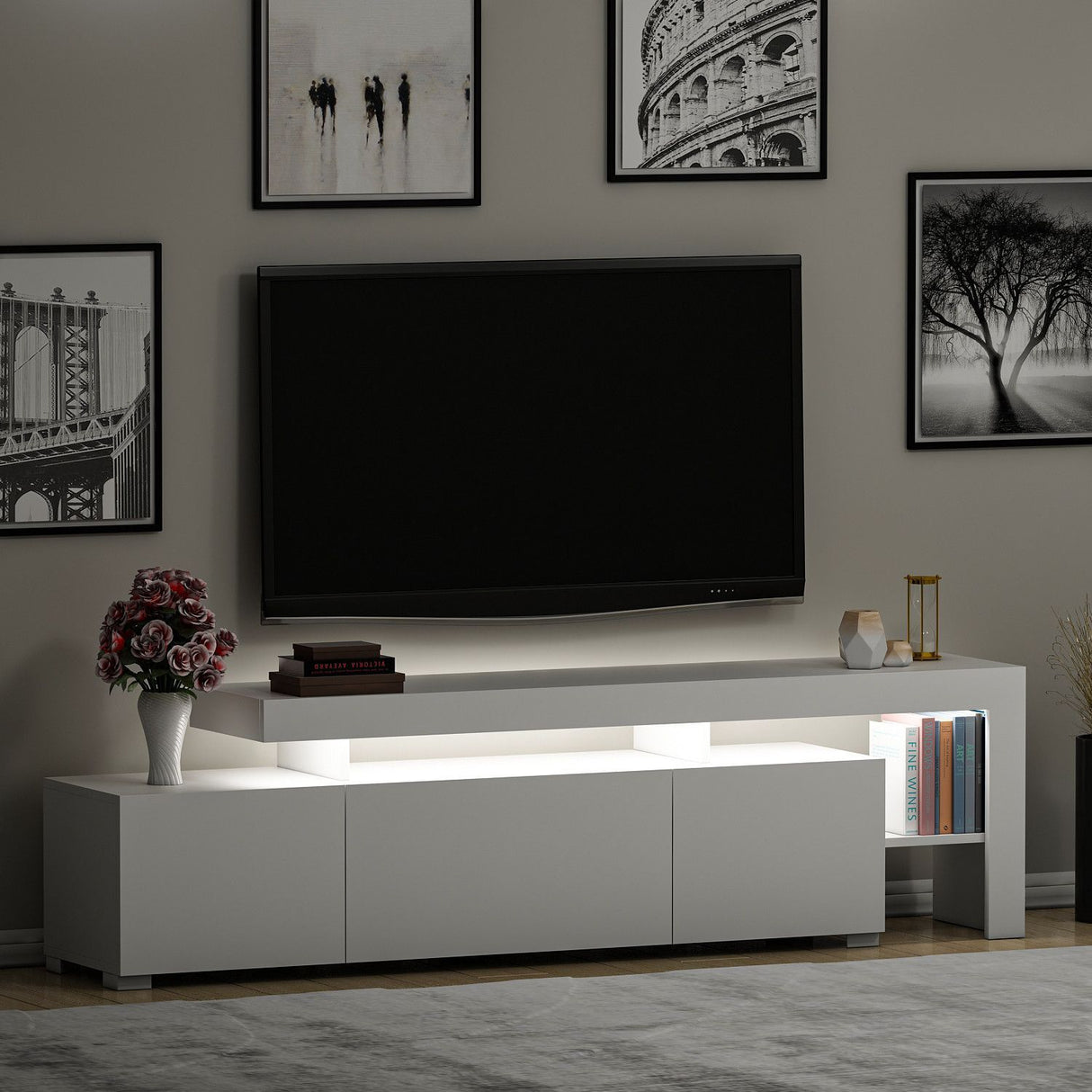 Meuble TV avec éclairage LED - BELIZ - Blanc - 192 x 53 x 37 cm