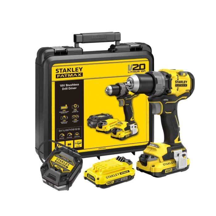 Perceuse visseuse sans fil + 2 batteries 2Ah + chargeur - 18V - Stanley Fatmax - Brushless - SFMCD725D2K-QW