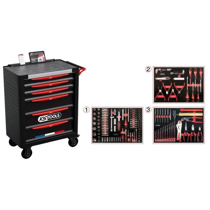 Servante d'atelier - Equipťe - 6 tiroirs - KS Tools - 824.6134F - Noir - 264 outils - Fabriquťe en France