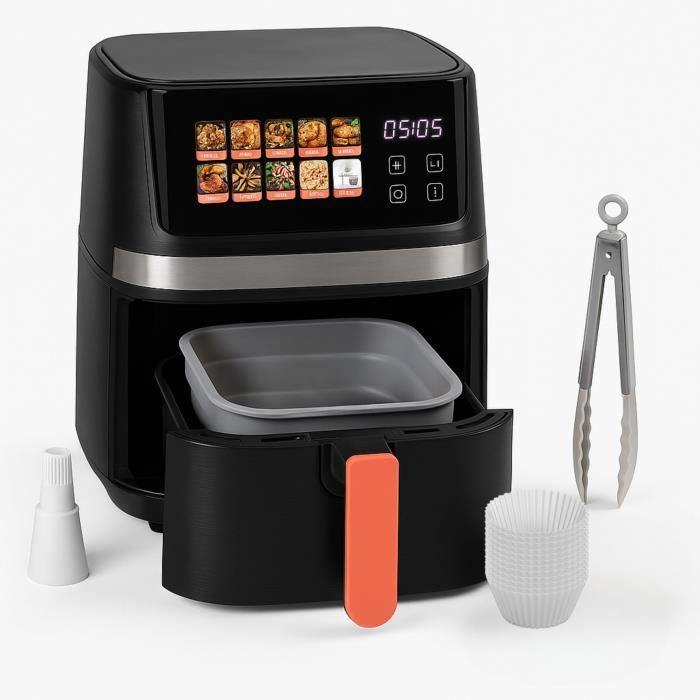 Set de 4 accessoires pour friteuse sans huile - LIVOO - MEN428 - 1 moule 2 en 1 pliable - 1 set de 12 moules - 1 pinceau - 1 pince