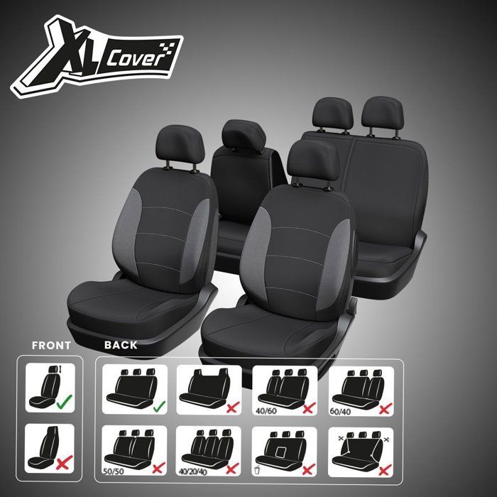 Housses auto - XLCOVER - Fractionnable - Compatible Airbags - Housses sieges avant, appuis-tete et banquette arriere