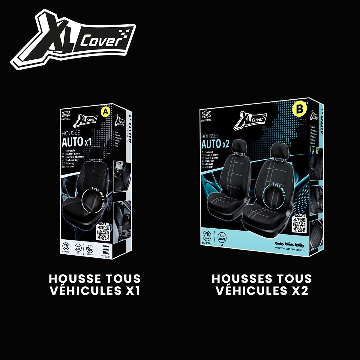 Lot de 2 housses auto avant - XLCOVER - Compatible Airbags - Noir - Housses pour sieges et appuis-tete