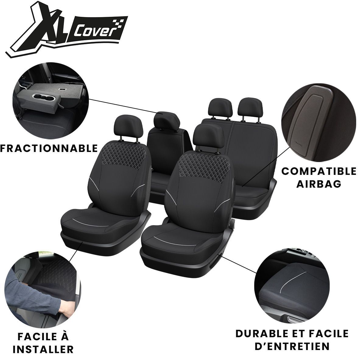Housses auto - XLCOVER - SUV/Berline - Fractionnable - Housses assises/dossiers avant, appuis-tete et banquette arriere