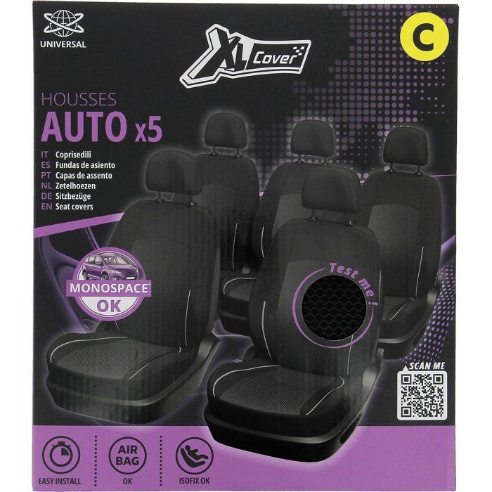 Pack de 5 housses auto universelles - XLCOVER - Monospace - Compatible Airbags - Housses les assises, dossiers et appuis-tete