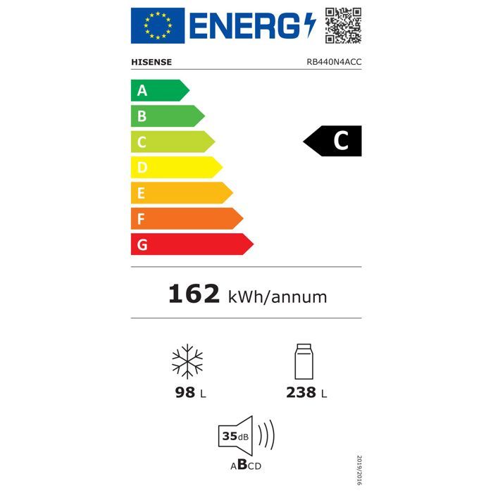 Réfrigérateur combiné - HISENSE - RB440N4ACC - 2 portes - 336 L - 59,5 x 57,9 x 201,7 cm - Inox