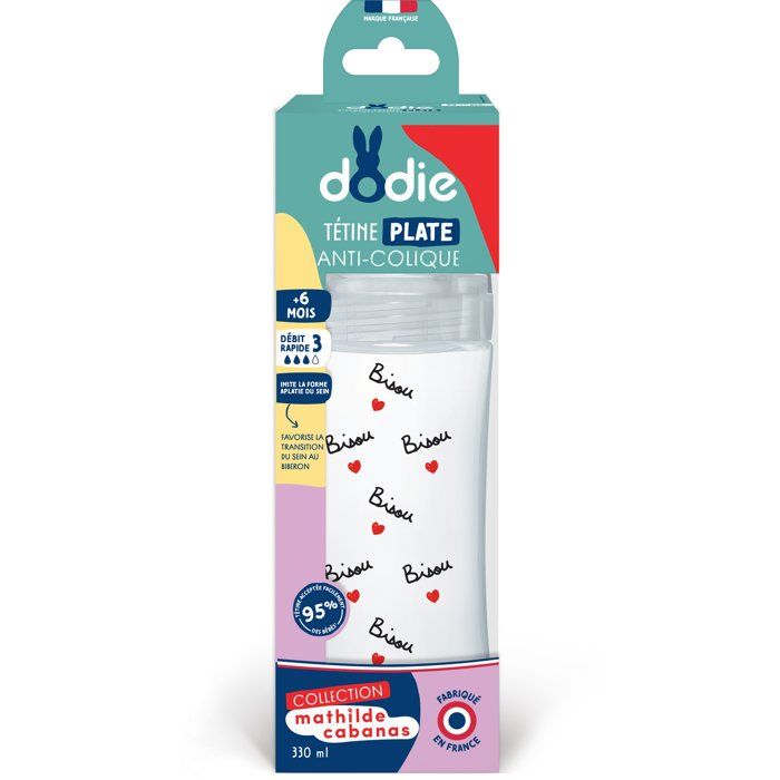 Biberon anti-colique - DODIE - 330 ml - Tétine plate X Mathilde Cabanas - 0-6 mois - Débit 3 - Transparent